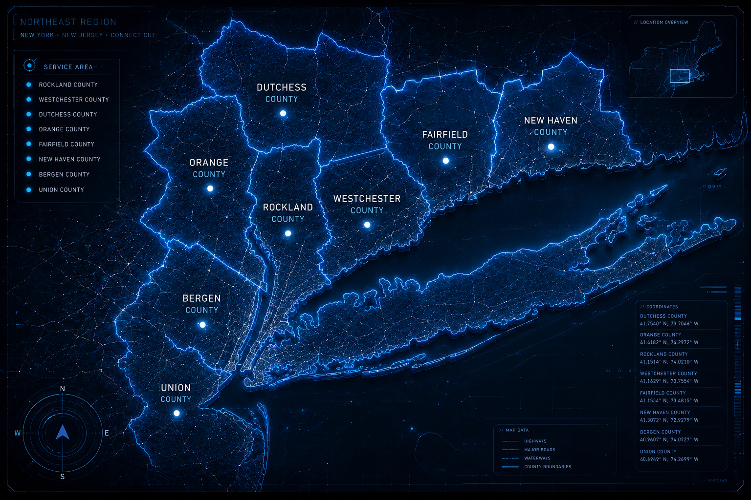 LumaEdge service area map — Fairfield, New Haven, Westchester, Rockland, Dutchess, Orange, Bergen and Union counties